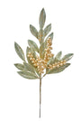 Decorative bay leaf pick with metallic gold berry clusters on a thin stem.