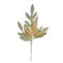 Decorative bay leaf pick with metallic gold berry clusters on a thin stem.