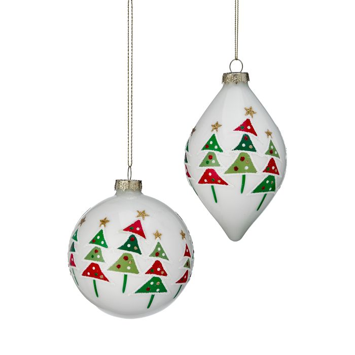 White Christmas ornaments: round ball and teardrop finial with green trees, red trim