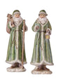 Antique resin Santa figurines: one holds staff, one holds lantern; green robes.