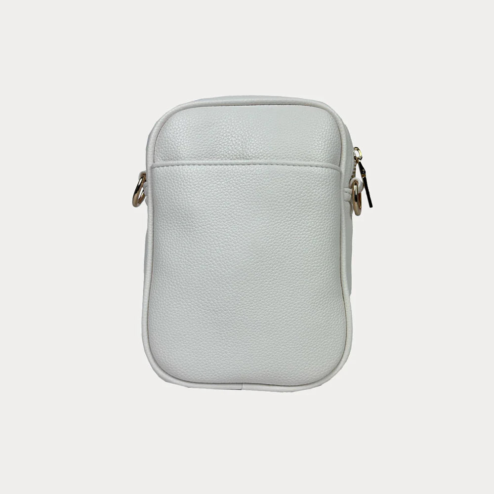 Light gray pouch with zippers on a light gray background