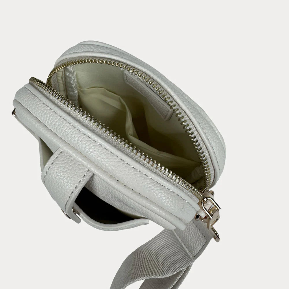 Light gray crossbody bag with a visible zipper on a light gray background