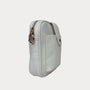 White leather crossbody bag on a light gray background