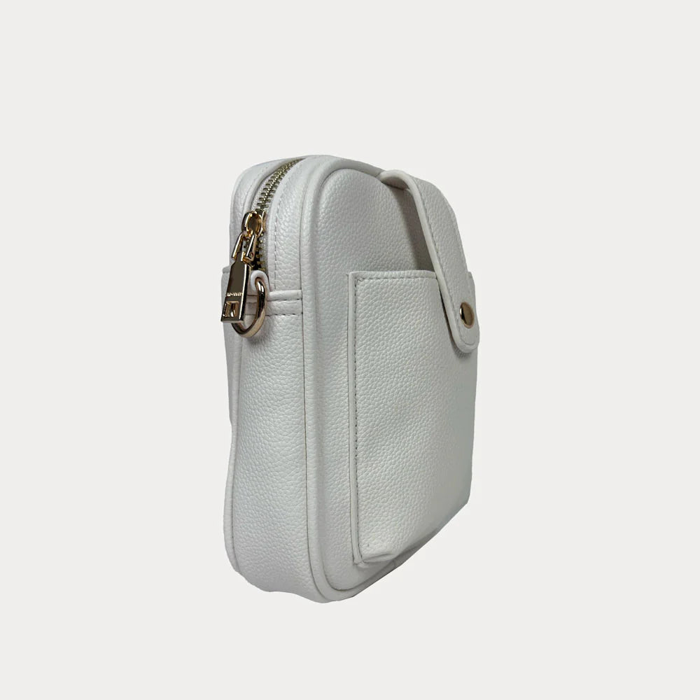 White leather crossbody bag on a light gray background