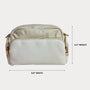 White handbag with gold accents and dimensions labeled on a white background