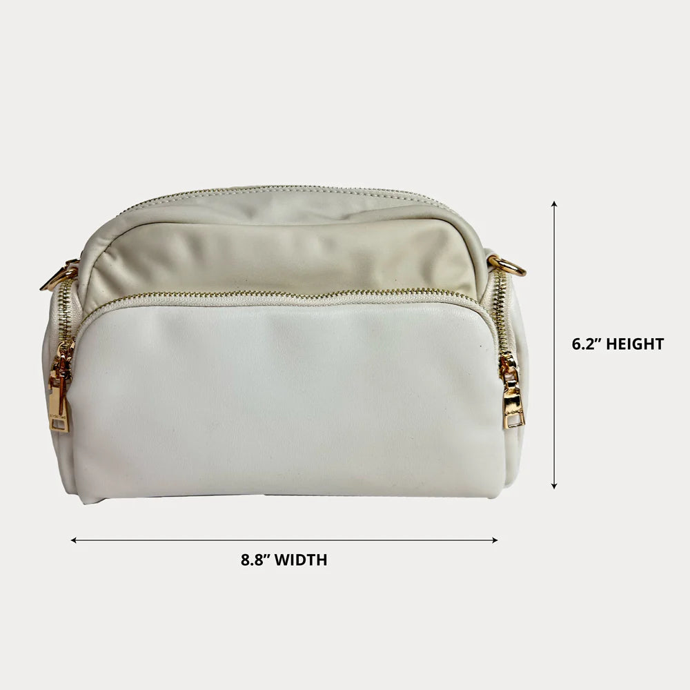 White handbag with gold accents and dimensions labeled on a white background