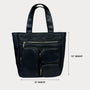 Black tote bag with measurements on a light gray background