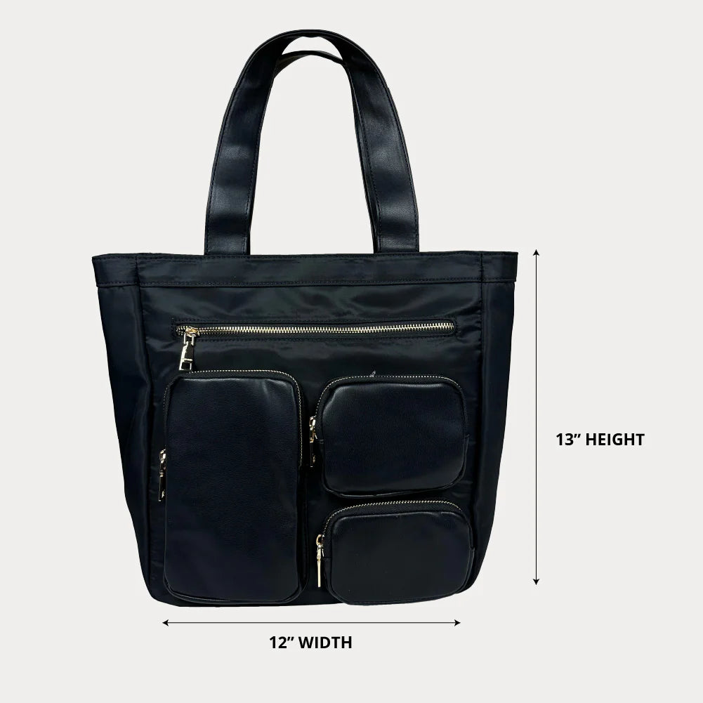Black tote bag with measurements on a light gray background