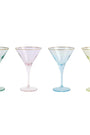 Four martini glasses with gold rims in different pastel colors on a white background