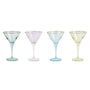 Four martini glasses with gold rims in different pastel colors on a white background