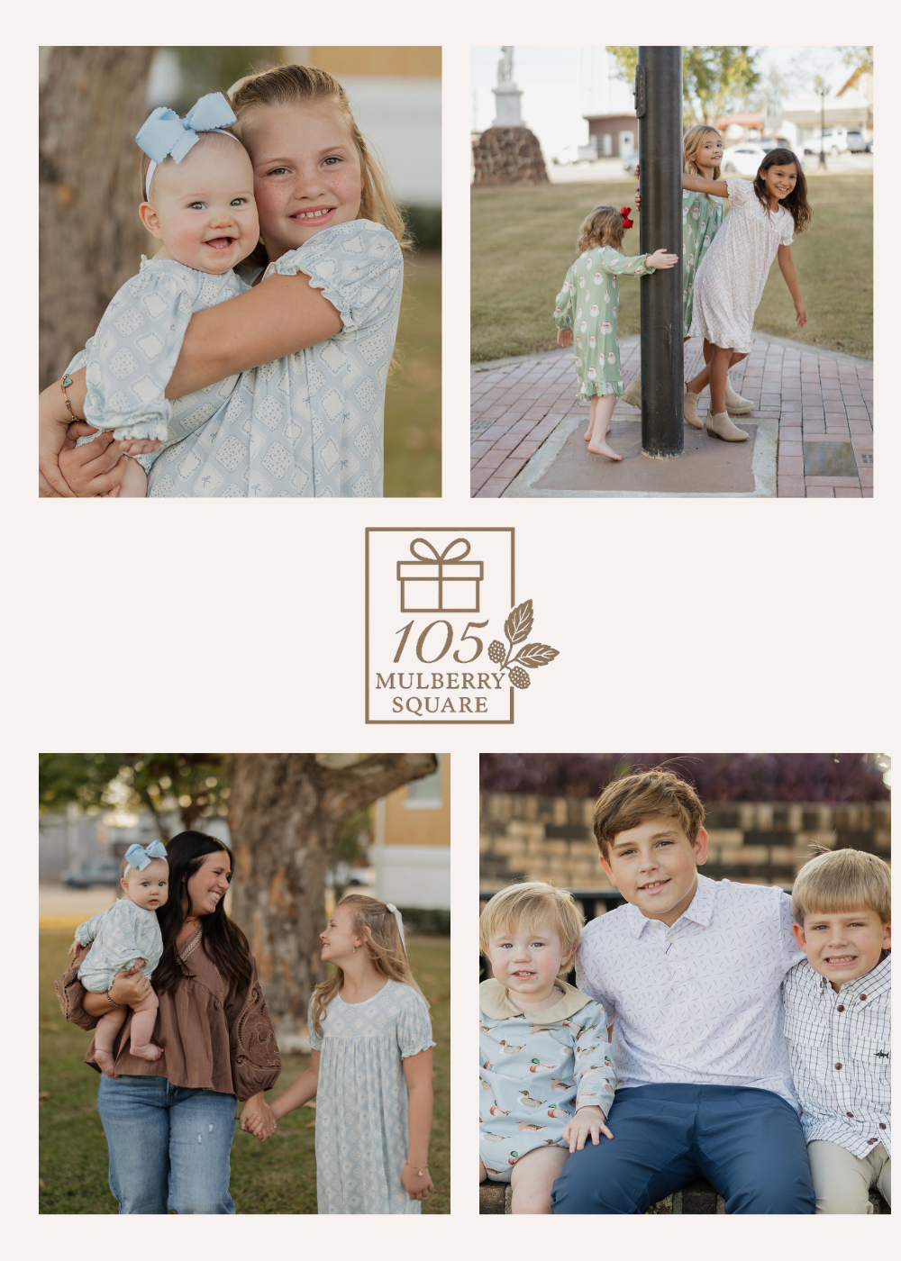 Collage of family photos with '105 Mulberry Square' logo.