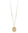 A long gold-tone chain necklace featuring small cream-colored faux pearls and gold beads spaced along the chain, with a large oval gold pendant hanging at the center, shown against a plain white background.