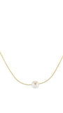 A delicate gold chain necklace featuring three small, round white pearl-like beads spaced evenly along the chain, displayed against a solid white background.