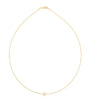 A delicate gold chain necklace with a single small white pearl pendant, displayed against a solid white background.