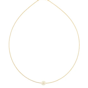 A delicate gold chain necklace with a single small white pearl pendant, displayed against a solid white background.