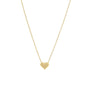 A delicate gold chain necklace with a small, polished gold heart pendant, centered against a solid white background.