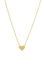 A delicate gold chain necklace with a small, polished gold heart pendant, centered against a solid white background.