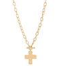 A gold chain necklace with a textured cross pendant and a toggle clasp, shown against a plain white background.