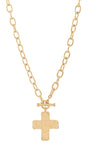 A gold chain necklace with a textured cross pendant and a toggle clasp, shown against a plain white background.