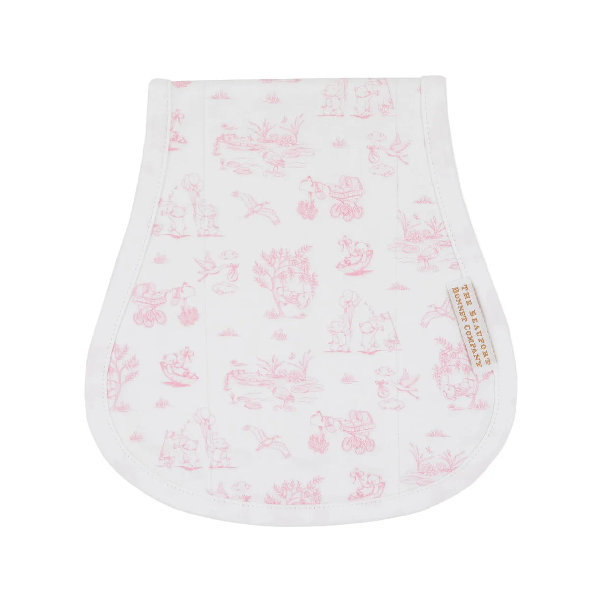White baby bib with pink floral pattern on a white background