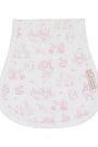 White baby bib with pink floral pattern on a white background
