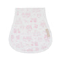 White baby bib with pink floral pattern on a white background