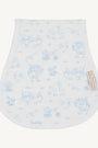 White baby bib with blue floral pattern on a white background