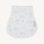 White baby bib with blue floral pattern on a white background