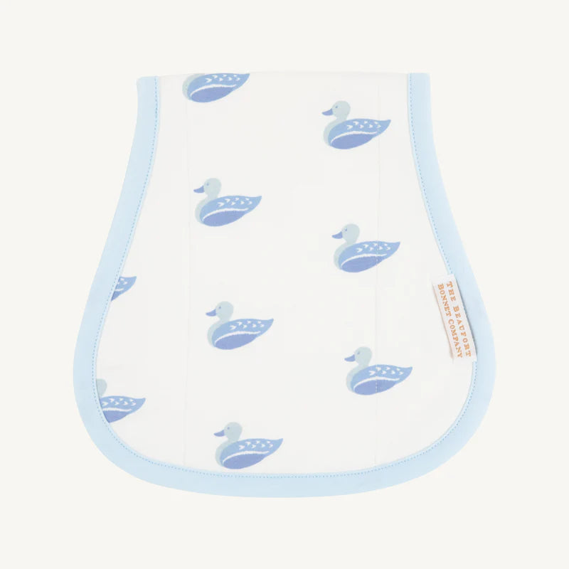 Baby bib with duck pattern on a white background