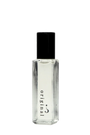 Small clear glass bottle with a black cap on a white background