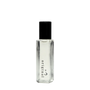 Small clear glass bottle with a black cap on a white background