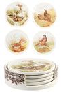 Set of ceramic coasters with bird illustrations on a white background