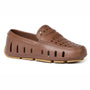 Brown loafer shoe with perforated design on a white background