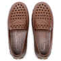 Pair of brown loafers with a brand logo on a white background