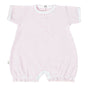 Pink baby romper with white stripes on a white background