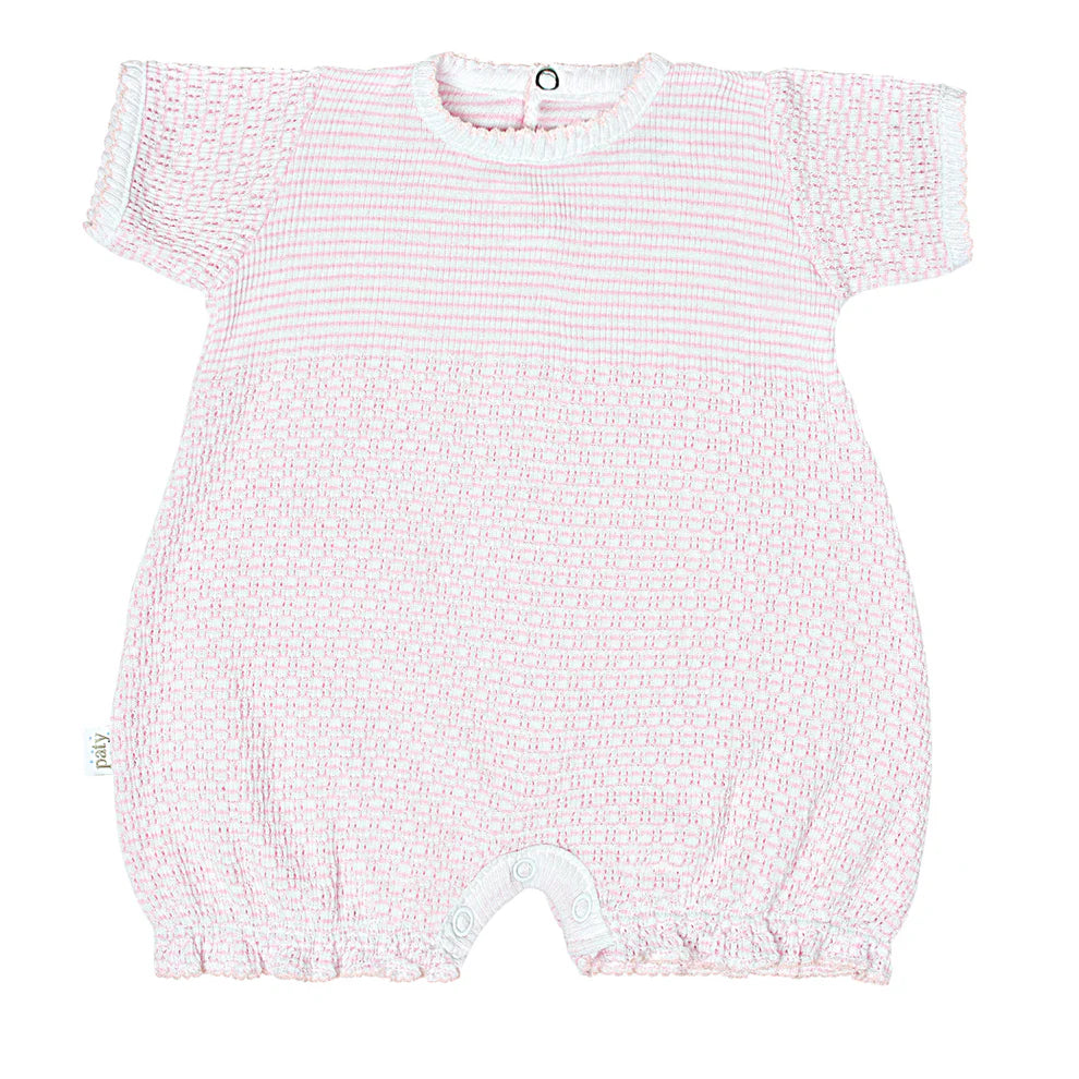 Pink baby romper with white stripes on a white background