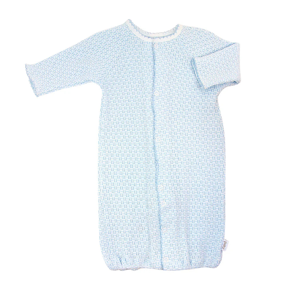 Light blue baby sleeping bag with a subtle pattern on a white background