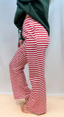 Red and white striped lounge pants with drawstring waist, flared relaxed fit
