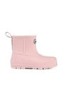 Pink rain boot with a ribbed texture on a white background