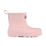 Pink rain boot with a ribbed texture on a white background