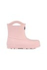 Pink rain boots with a textured sole on a light background