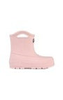 Pink rain boots with a textured sole on a light background