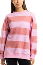 Person wearing a pink and red striped sweater on a white background