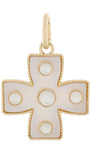 A gold cross pendant featuring a pearlescent white inlay with circular cutouts, set against a plain white background.