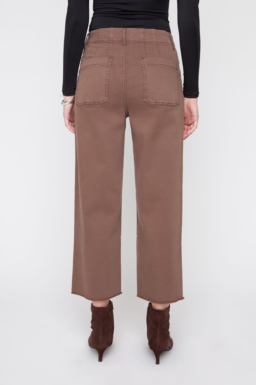 Brown wide-leg pants worn by a person on a white background