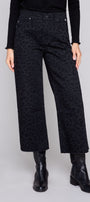 Black Leopard Cropped Wide-Leg Stretch Denim Pants -R11080D