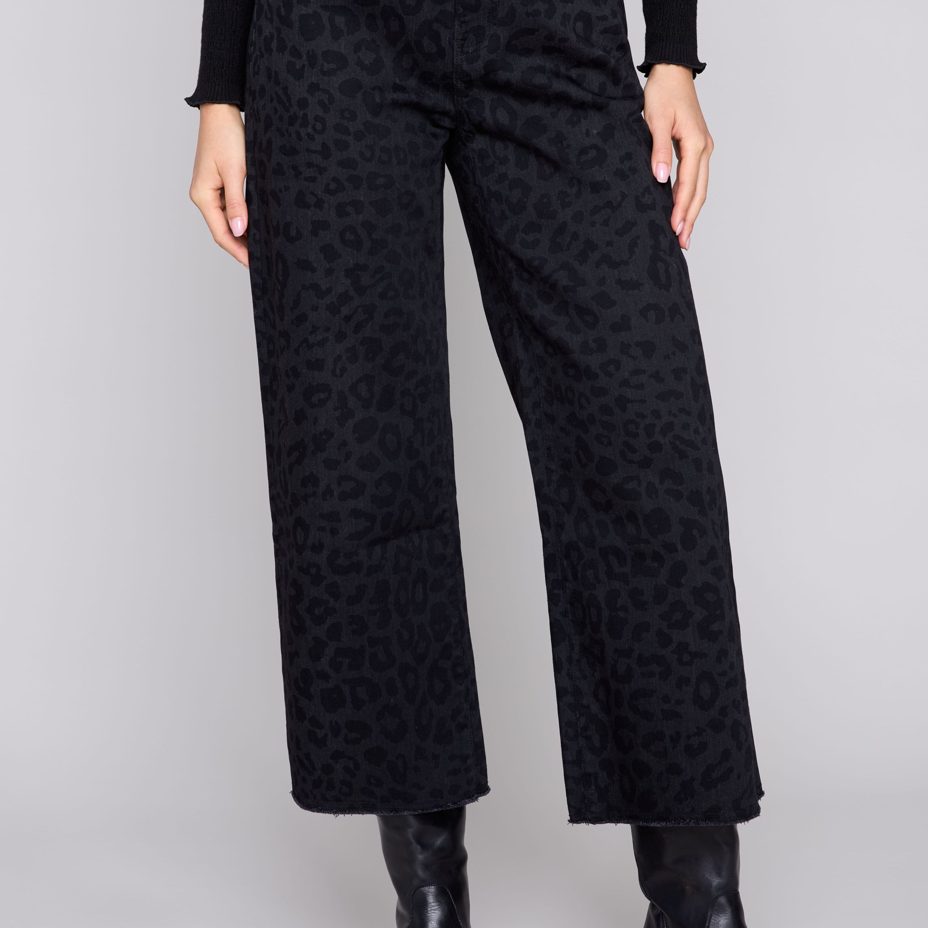 Black Leopard Cropped Wide-Leg Stretch Denim Pants -R11080D