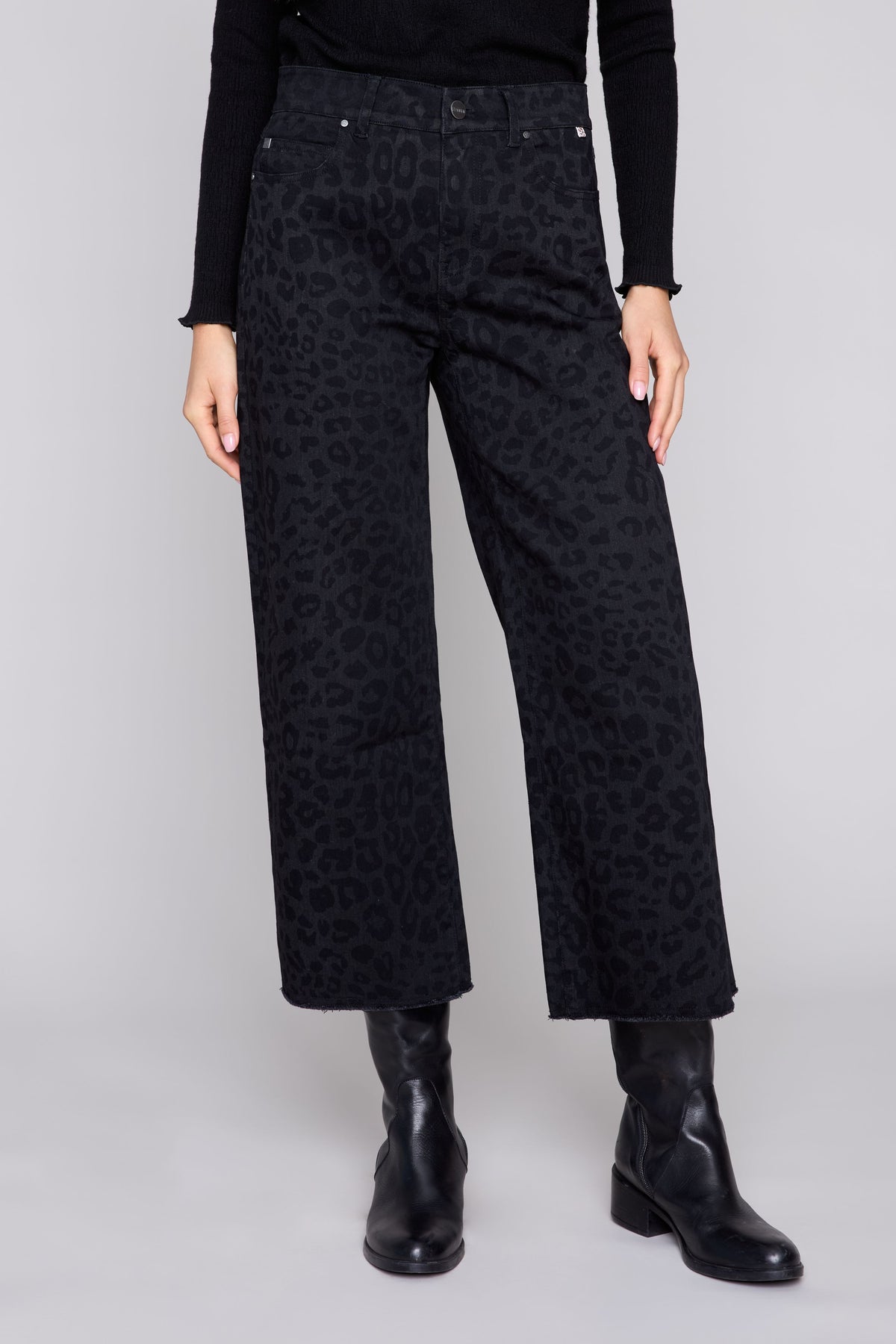 Black Leopard Cropped Wide-Leg Stretch Denim Pants -R11080D