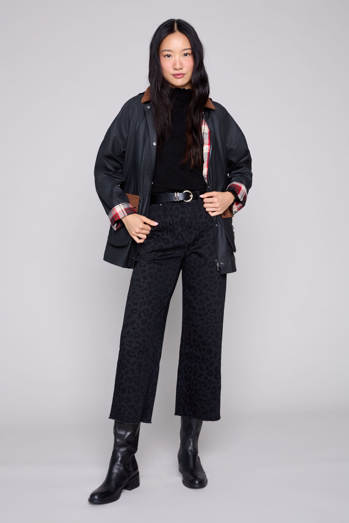 Black Leopard Cropped Wide-Leg Stretch Denim Pants -R11080D