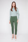 Olive green stretch slim ankle pull-on pants with tapered cuffed ankle length
